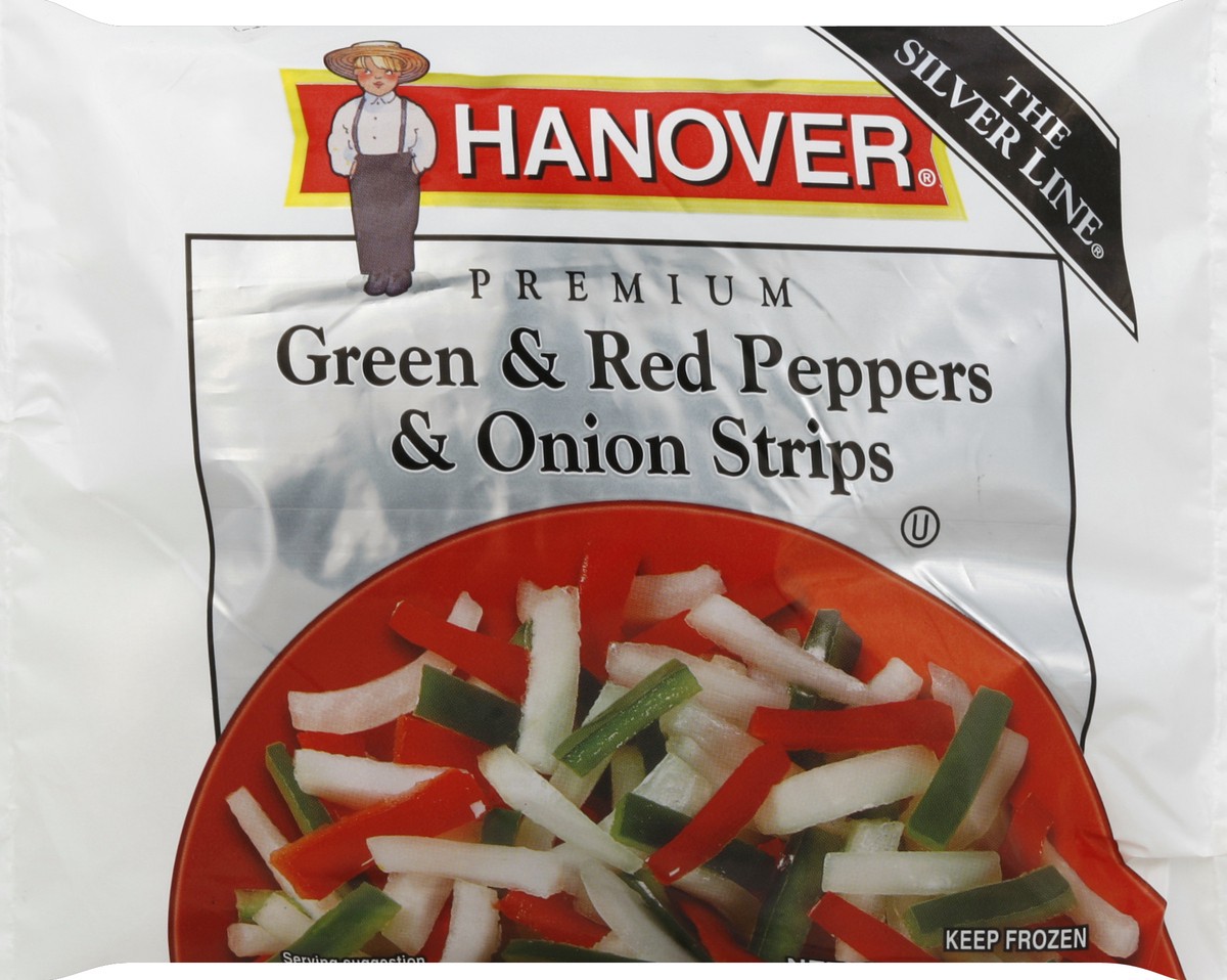 slide 5 of 5, Hanover Green & Red Peppers & Onion Strips, Premium, 14 oz