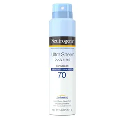 Neutrogena Ultra Sheer Body Mist SPF 70 Sunscreen Spray, Broad Spectrum UVA/UVB Protection, Lightweight, Non-Greasy Water Resistant Body Sunscreen Mist, Non-Comedogenic, 5 oz
