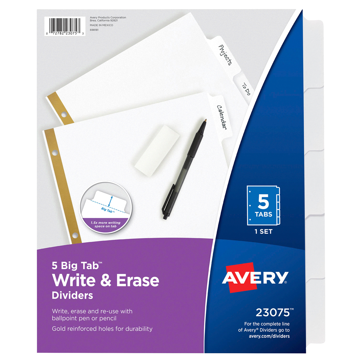 slide 1 of 1, Avery Big Tab Write-On Dividers with Erasable Laminated Tabs White, 5 ct