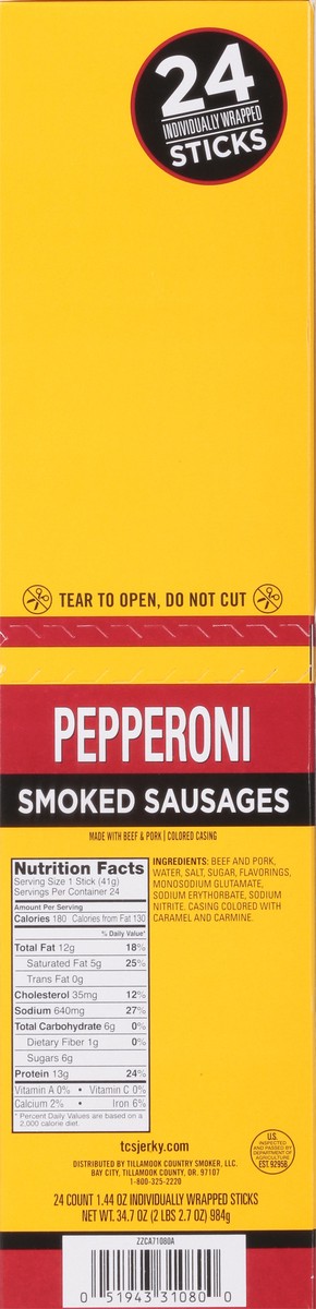 slide 6 of 14, Tillamook Country Smoker Pepperoni Smoked Sausages 24 - 1.44 oz Sticks, 24 ct