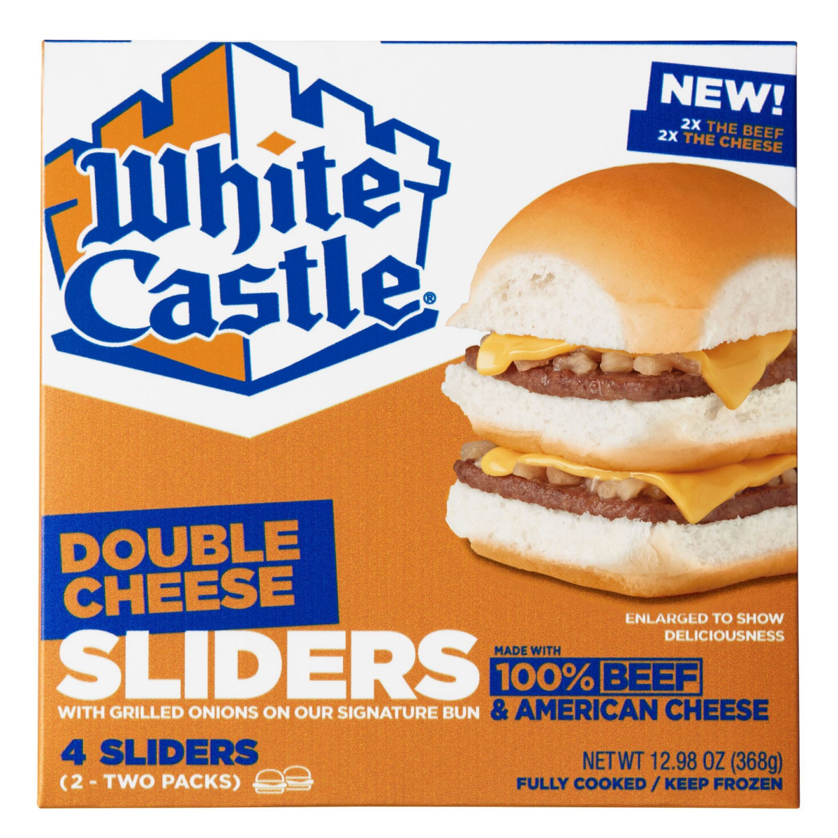 slide 1 of 2, White Castle Double Cheese Sliders, 12.98 Oz., 4 Ct., Single Serve (Frozen), 12.98 oz, 4 ct
