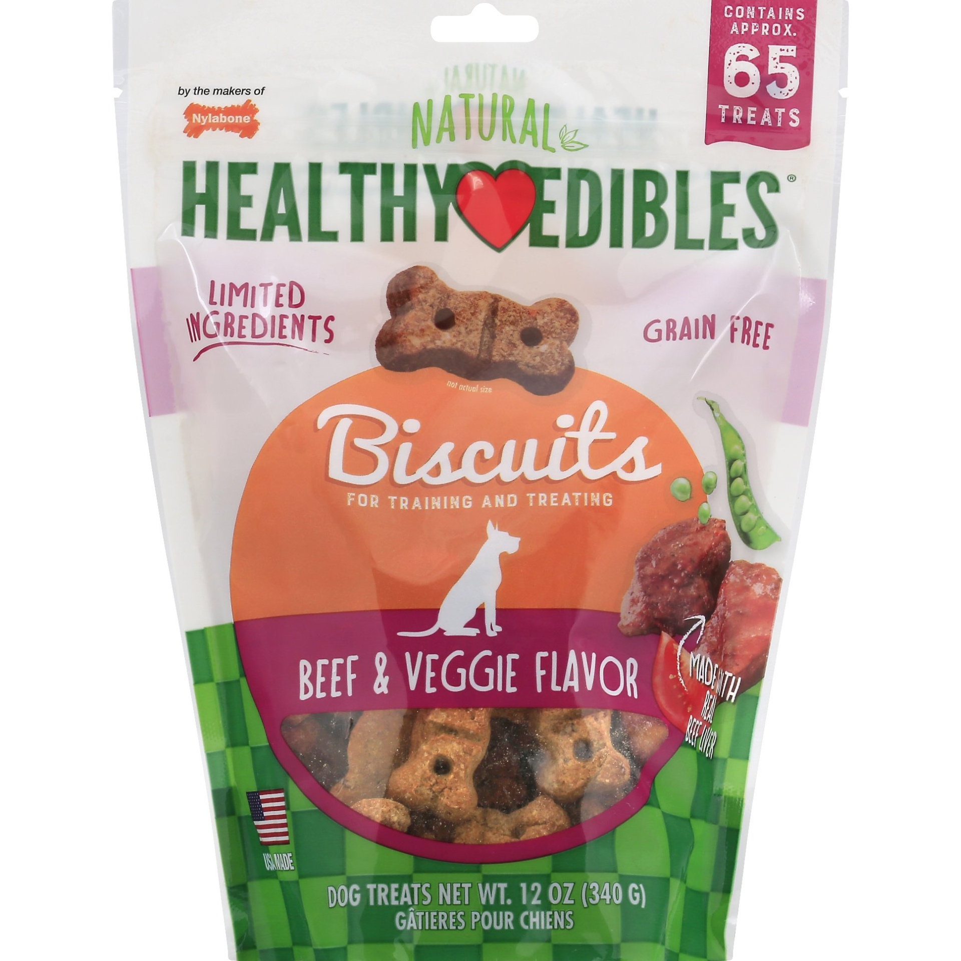 slide 1 of 1, Nylabone Healthy Edibles Biscuits Beef & Veggie Flavor Dog Treats, 12 oz