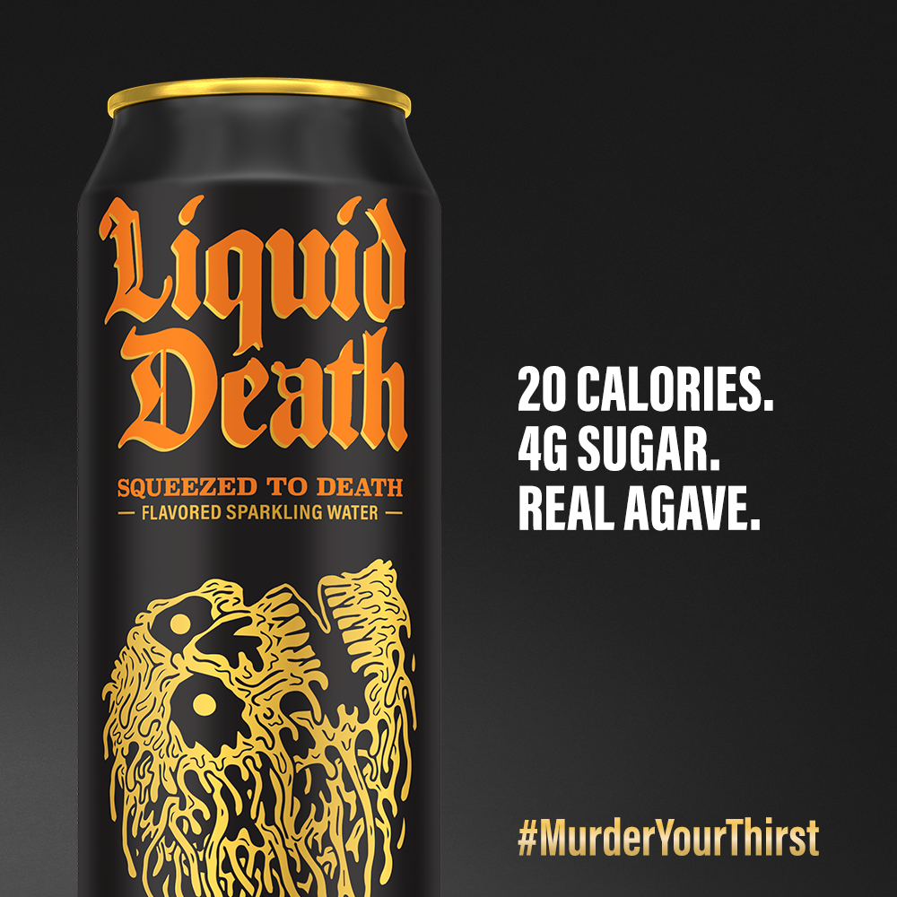 slide 2 of 3, Liquid Death, Squeezed to Death, Orange-Flavored Sparkling Water, 19.2oz Can Low Sugar, Huge Flavor & No Artificial Sweeteners, 19.2 oz