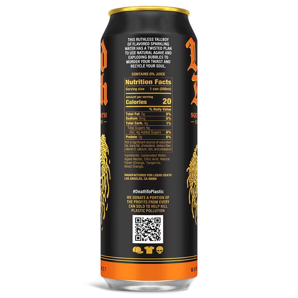 slide 3 of 3, Liquid Death, Squeezed to Death, Orange-Flavored Sparkling Water, 19.2oz Can Low Sugar, Huge Flavor & No Artificial Sweeteners, 19.2 oz