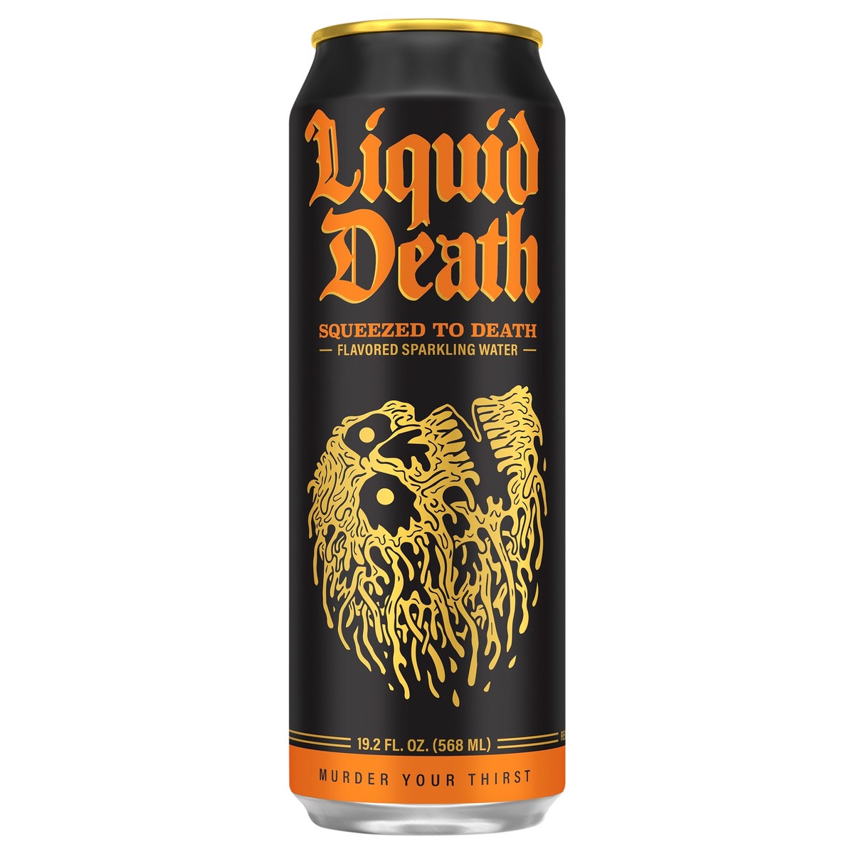 slide 1 of 3, Liquid Death, Squeezed to Death, Orange-Flavored Sparkling Water, 19.2oz Can Low Sugar, Huge Flavor & No Artificial Sweeteners, 19.2 oz