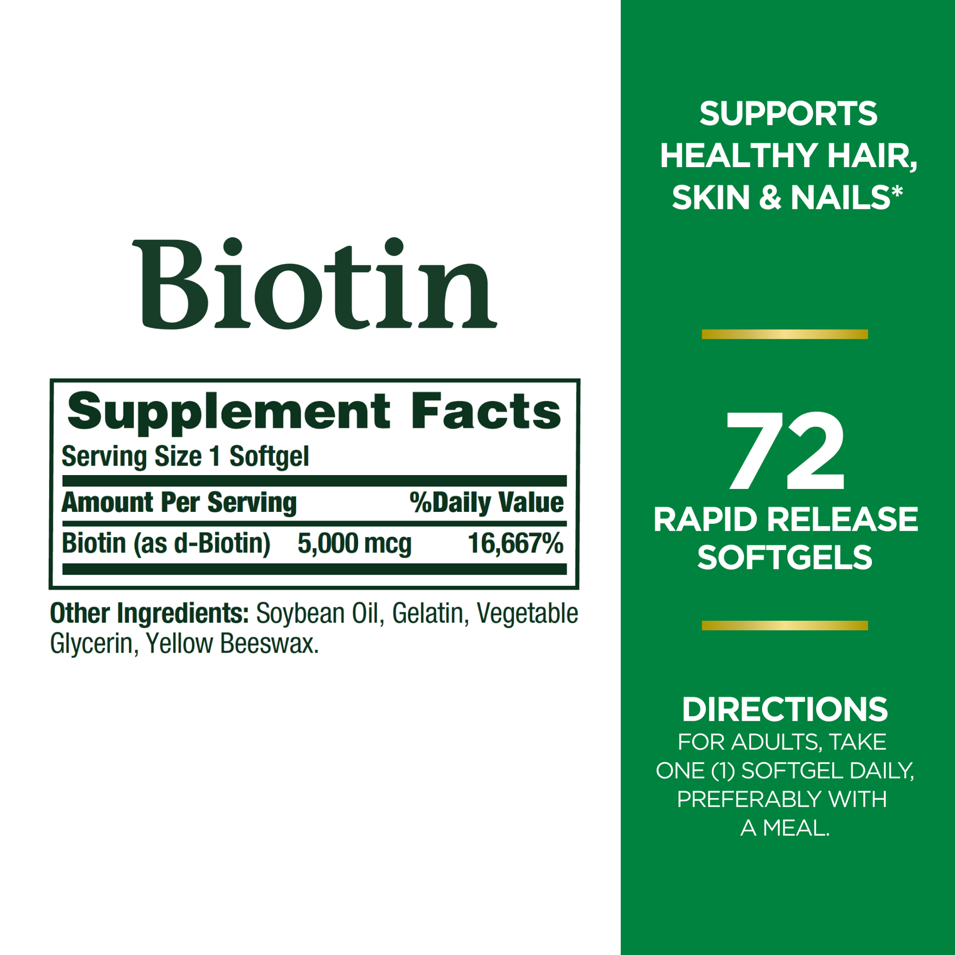 slide 4 of 5, Nature's Bounty Biotin Hair, Skin & Nails Support Softgels, 5000 mcg, 72 ct