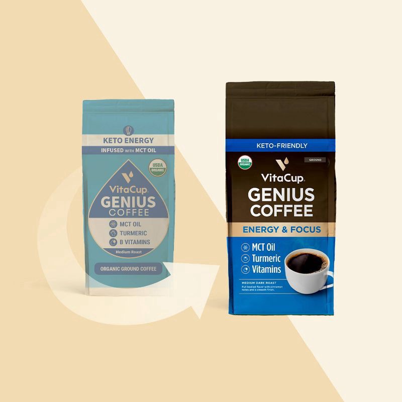 slide 4 of 4, VitaCup Genius Ground Coffee w/ KETO MCT Oil, Turmeric, & B Vitamins (Energy & Focus) Medium Roast- 10 oz, 10 oz
