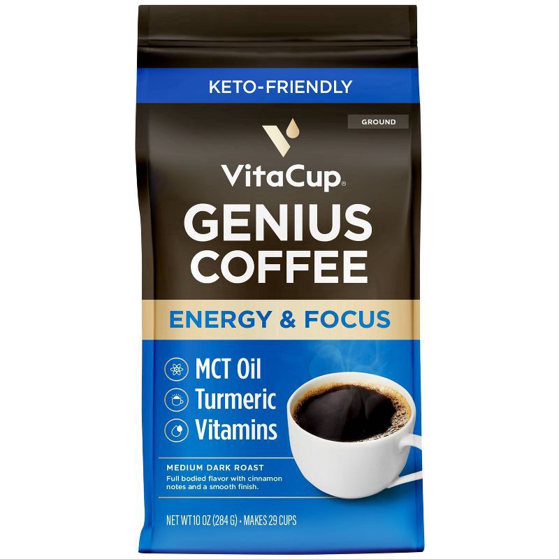 slide 1 of 4, VitaCup Genius Ground Coffee w/ KETO MCT Oil, Turmeric, & B Vitamins (Energy & Focus) Medium Roast- 10 oz, 10 oz