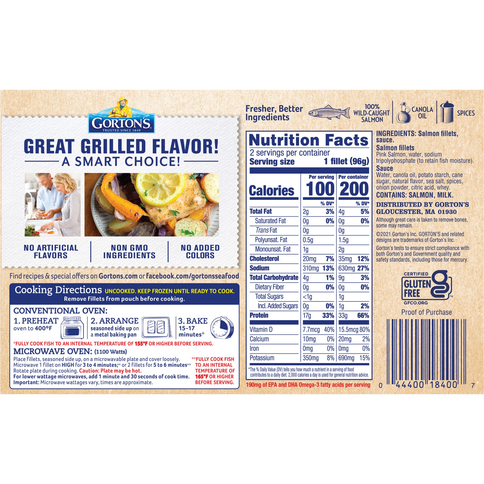 slide 5 of 9, Gorton's Gorton’s Flame Grilled Salmon Classic Style, Wild Caught Salmon, Frozen, 2 Count, 6.3 Ounce Package, 2 ct