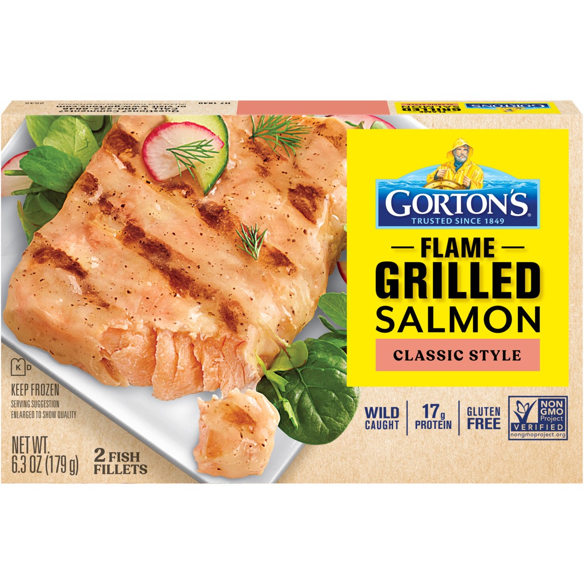 slide 1 of 9, Gorton's Gorton’s Flame Grilled Salmon Classic Style, Wild Caught Salmon, Frozen, 2 Count, 6.3 Ounce Package, 2 ct