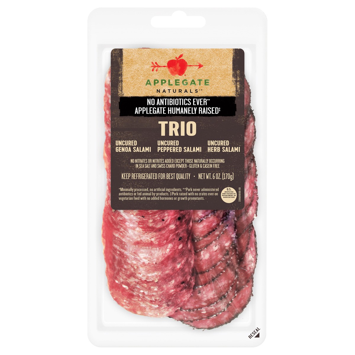 slide 1 of 9, Applegate Naturals Uncured Genoa Salami Trio Sliced, 6oz, 6 oz