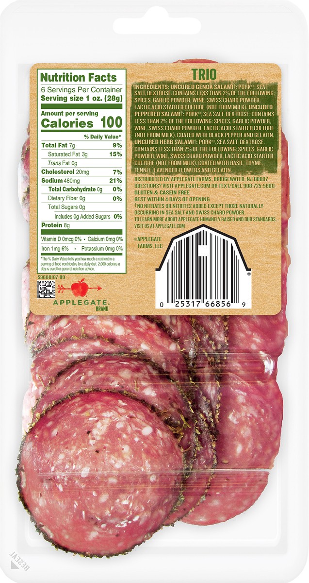 slide 6 of 9, Applegate Naturals Uncured Genoa Salami Trio Sliced, 6oz, 6 oz