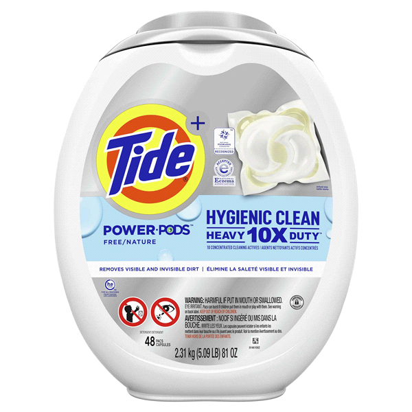 slide 1 of 8, Tide Power PODs Hygienic Clean Heavy Duty, Liquid Laundry Detergent Pacs, HE Compatible, 48 Count, Hypoallergenic, Free and Clear of Dyes and Perfumes, For Visible and Invisible Dirt, 48 ct