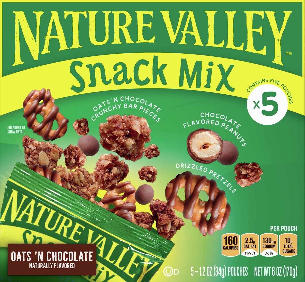 slide 1 of 9, Nature Valley 5 Pack Oats 'N Chocolate Snack Mix 5 1.2 oz 5 ea, 5 ct; 1.2 oz