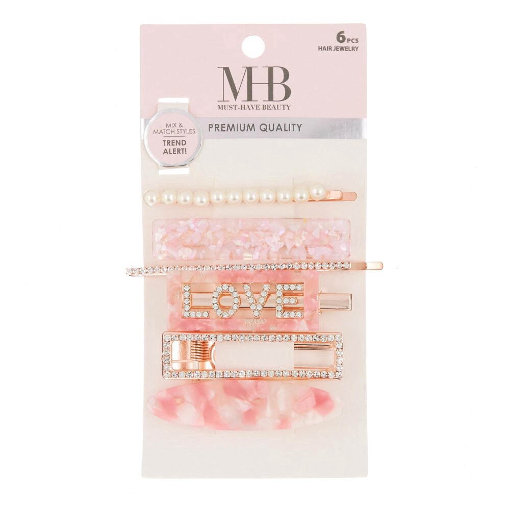 slide 1 of 1, Must Have Beauty Love Pink Acrylic & Rhinestone Hair Clip, 6 ct
