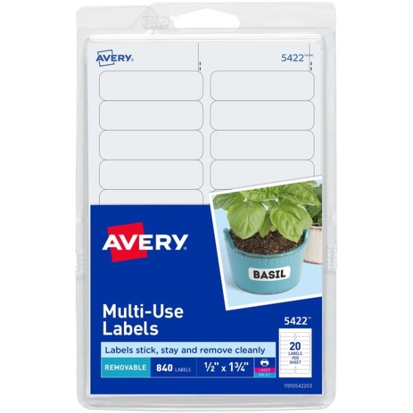 slide 1 of 1, Avery Removable Inkjet/Laser Multipurpose Labels, 5422, White, 840 ct; 1/2 in x 1 3/4 in