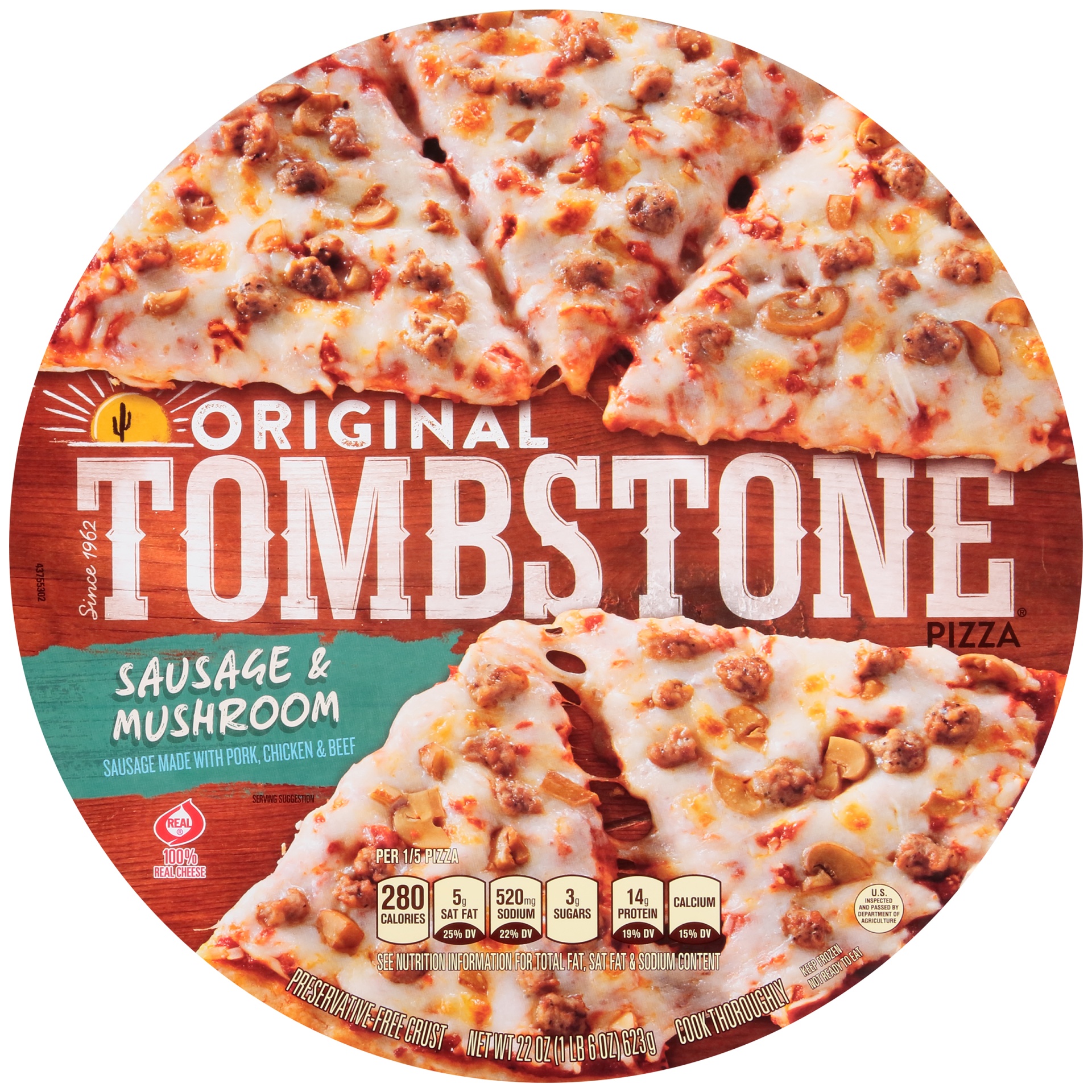 slide 1 of 7, Tombstone Original Sausage & Mushroom Frozen Pizza, 22 oz