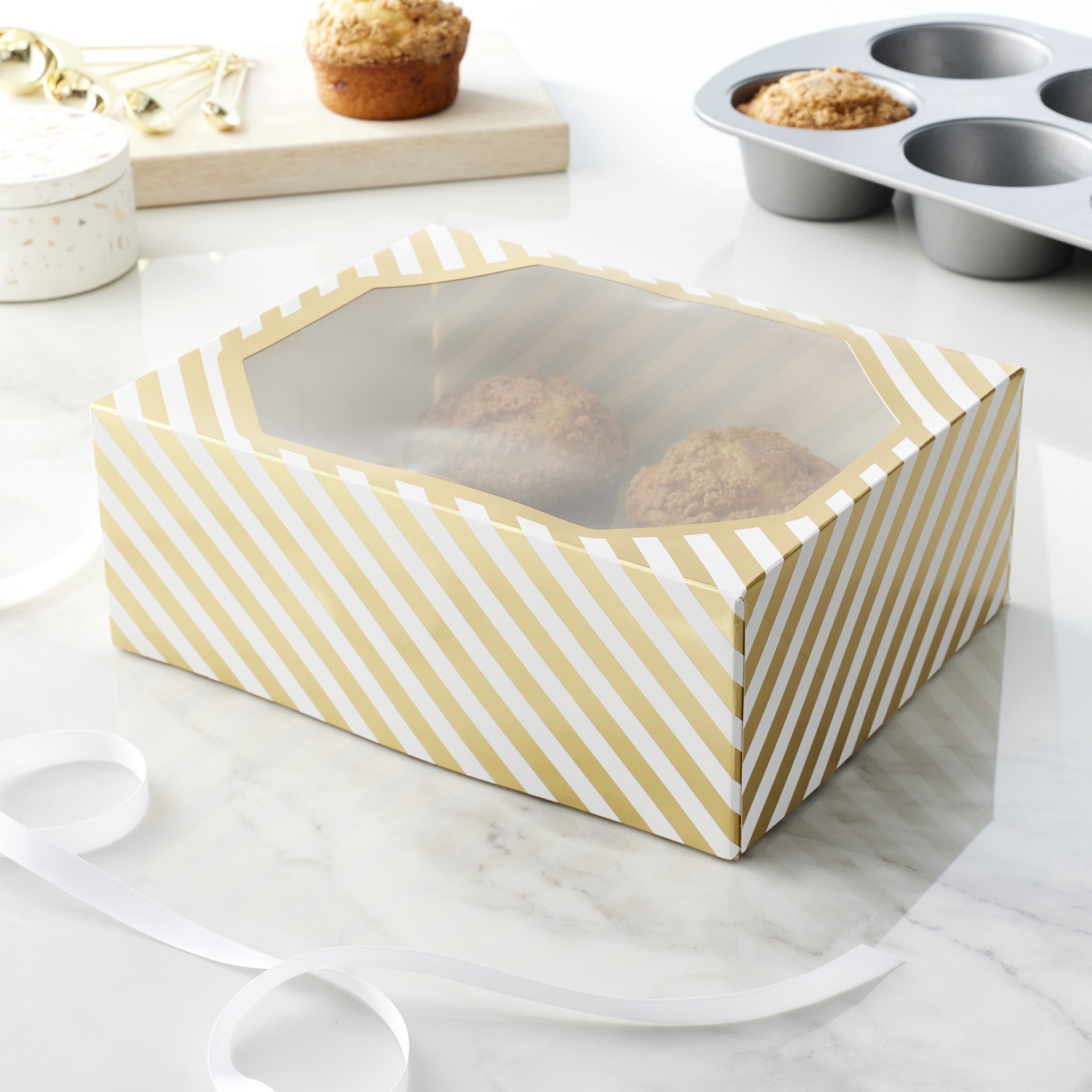 slide 6 of 6, Gold & White Striped Treat Boxes By Celebrate It, 9.5 in x 7.5 in