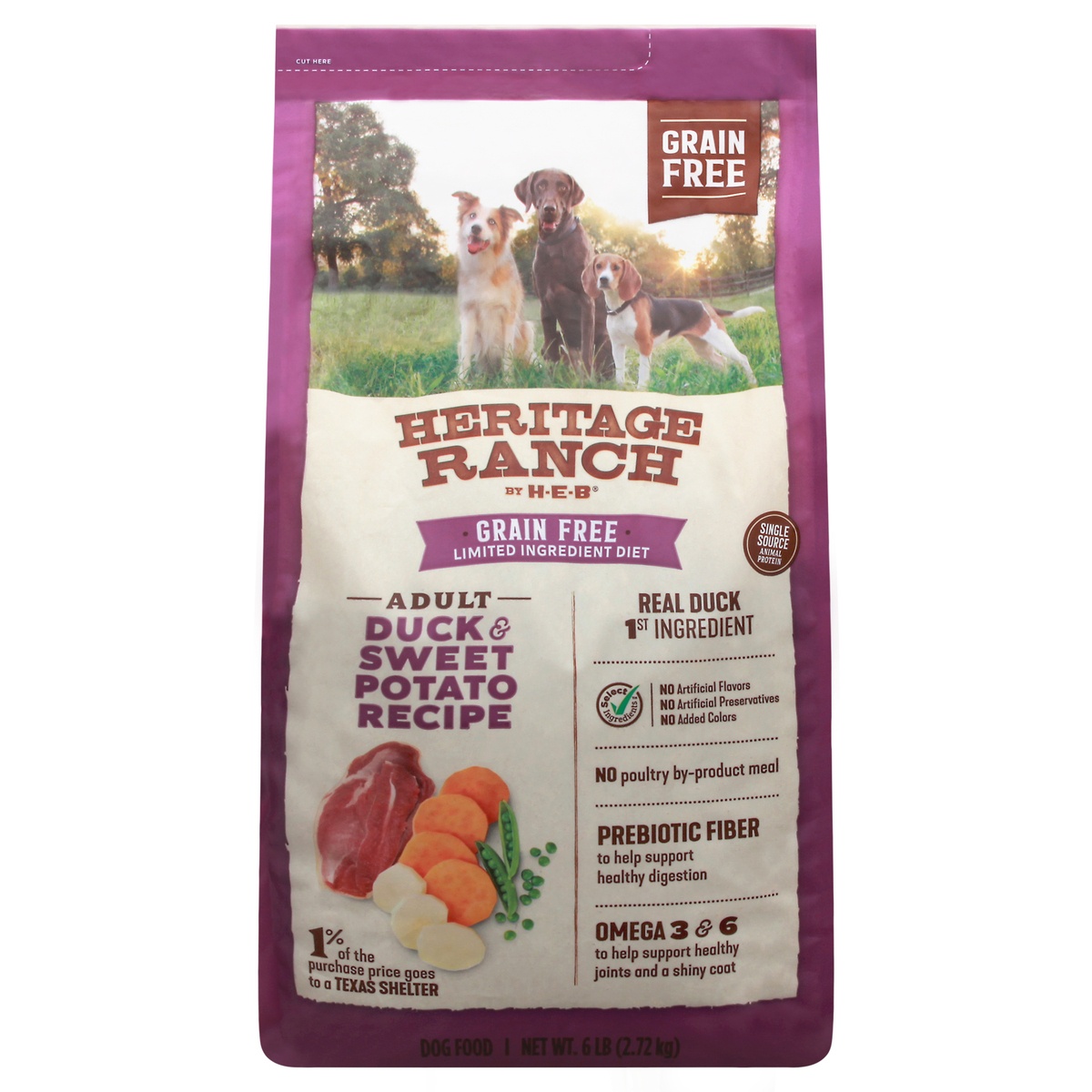 slide 1 of 1, Heritage Ranch by H-E-B Grain Free Duck & Sweet Potato Recipe Dry Dog Food, 6 lb