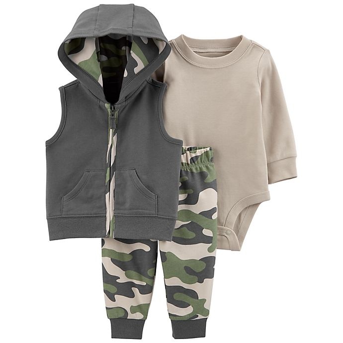 slide 1 of 1, carter's Size Newborn Camo Vest, Bodysuit, and Pant Set - Grey, 3 ct