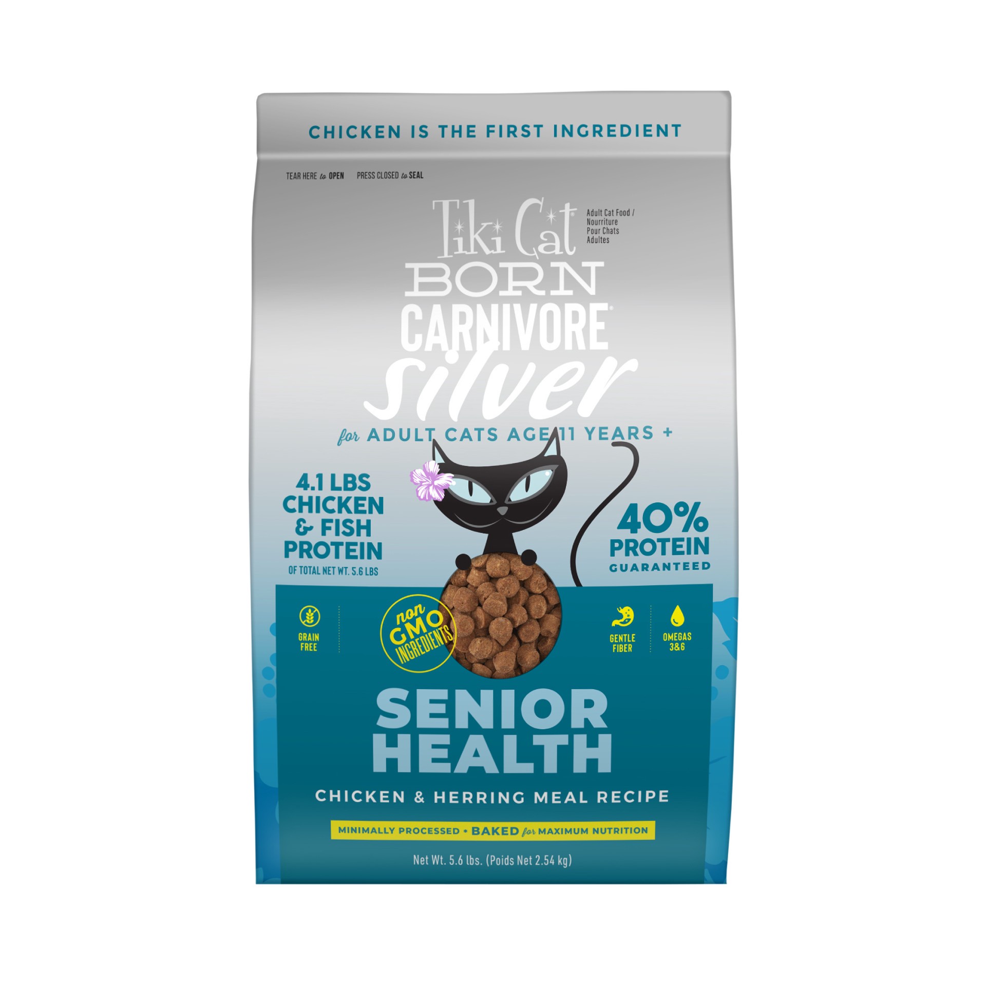 slide 1 of 6, Tiki Cat® Born Carnivore® Silver For Adults 11+ Food - Chicken & Herring, Non-Gmo, 5.60 lb