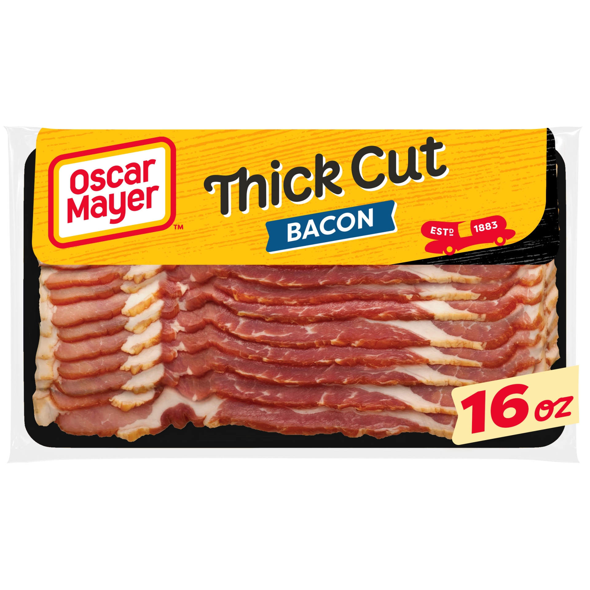 slide 1 of 7, Oscar Mayer Naturally Hardwood Smoked Thick Cut Bacon Pack, 11-13 slices, 16 oz