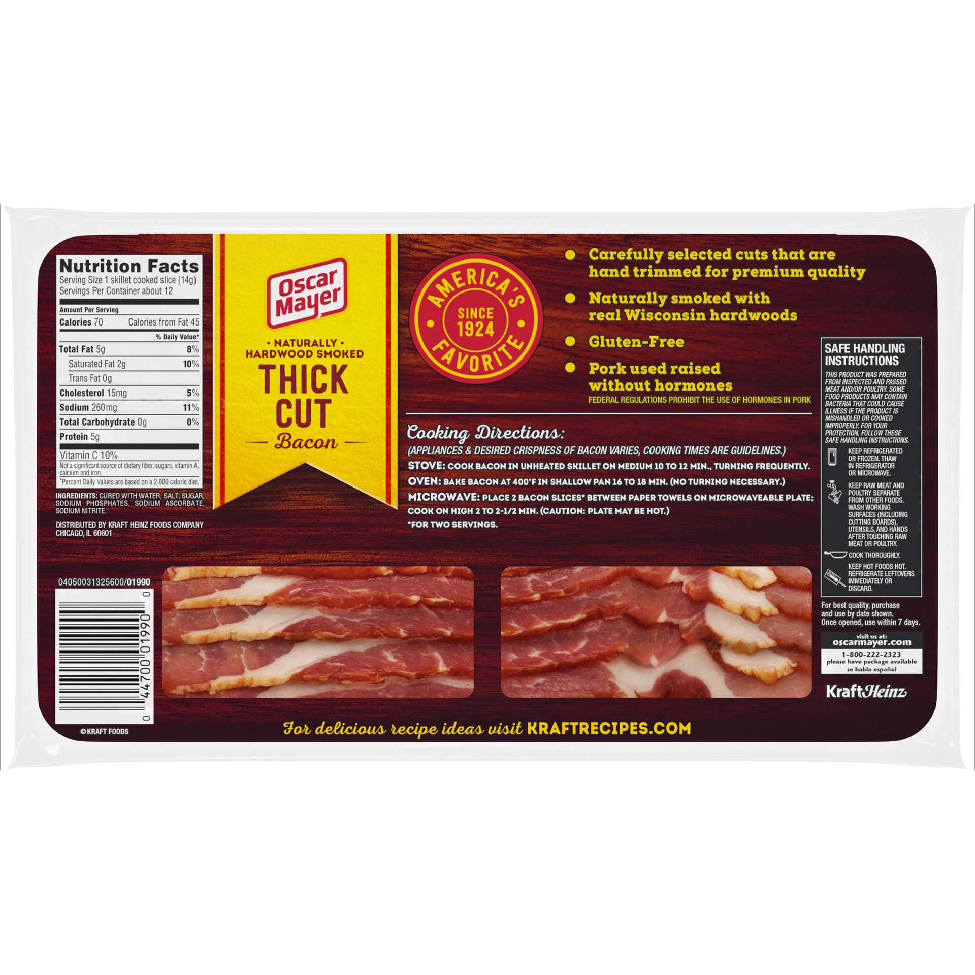 slide 10 of 12, Oscar Mayer Naturally Hardwood Smoked Thick Cut Bacon Pack, 11-13 slices, 16 oz