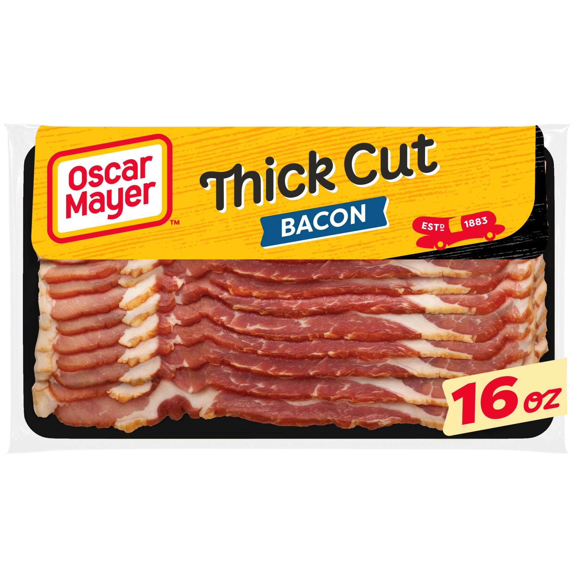 slide 1 of 12, Oscar Mayer Naturally Hardwood Smoked Thick Cut Bacon Pack, 11-13 slices, 16 oz