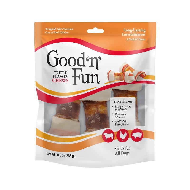 slide 1 of 10, Good 'n' Fun Triple Flavor Rawhide Long Lasting Rawhide with Pork, Chicken and Beef Flavor Dog Treats - 3ct, 3 ct