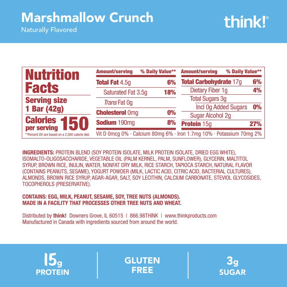 slide 4 of 6, think! High Protein Crispy Squares, Marshmallow Crunch, 4 Count, 4 ct; 1.48 oz