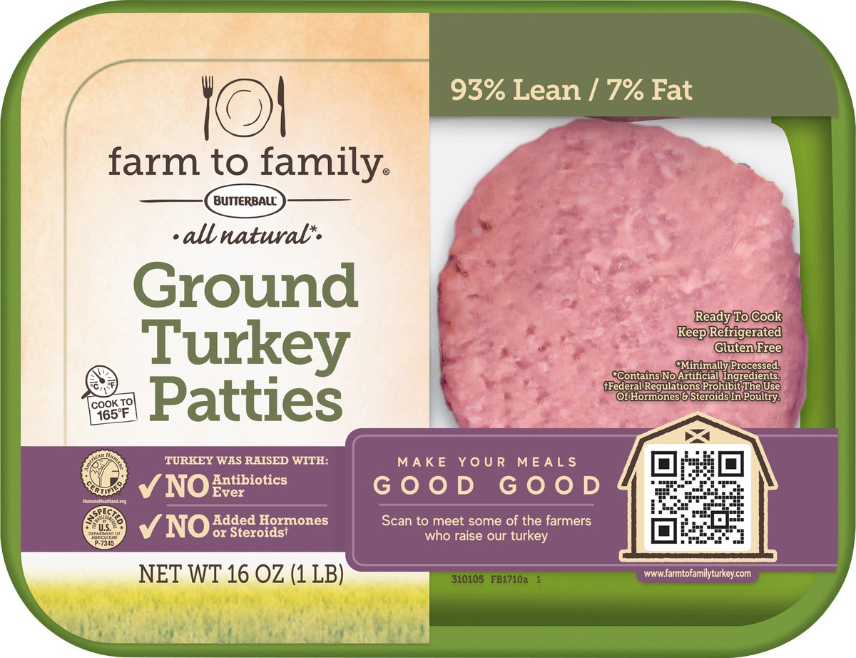 slide 14 of 14, Butterball Farm To Family All Natural Turkey Burger Patties 93% Lean, 16 oz