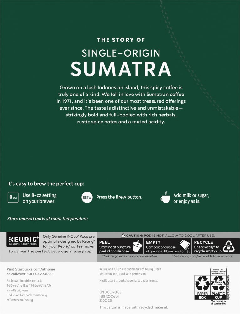 slide 2 of 3, Starbucks® Ground Dark Roast Single-Origin K-Cup Pods Sumatra Coffee, 24 ct