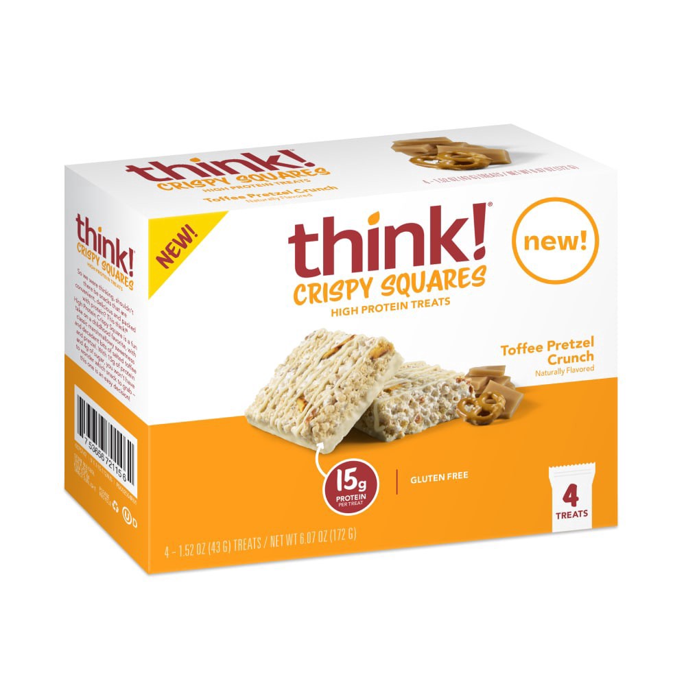 slide 5 of 6, think! High Protein Crispy Squares, Toffee Pretzel Crunch, 4 Count, 4 ct / 1.52 oz