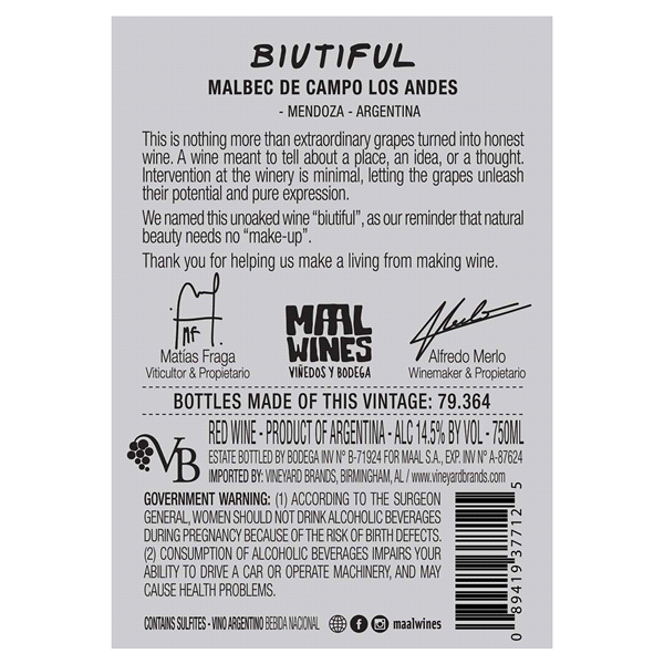 slide 4 of 5, Maal Biutiful Malbec, 750 ml