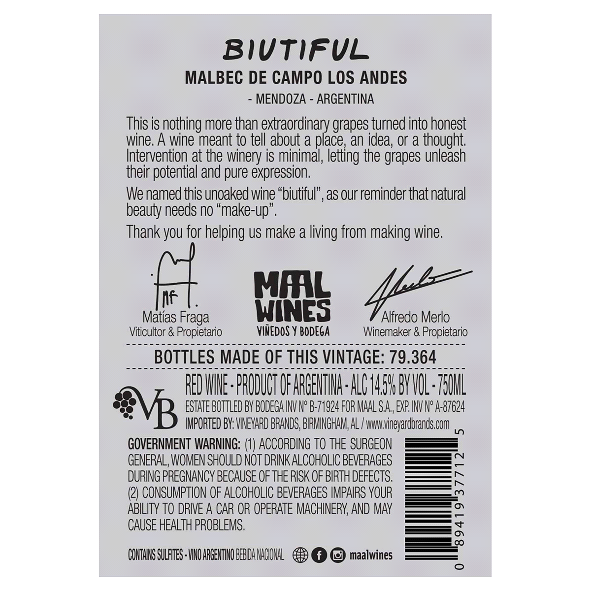 slide 5 of 5, Maal Biutiful Malbec, 750 ml