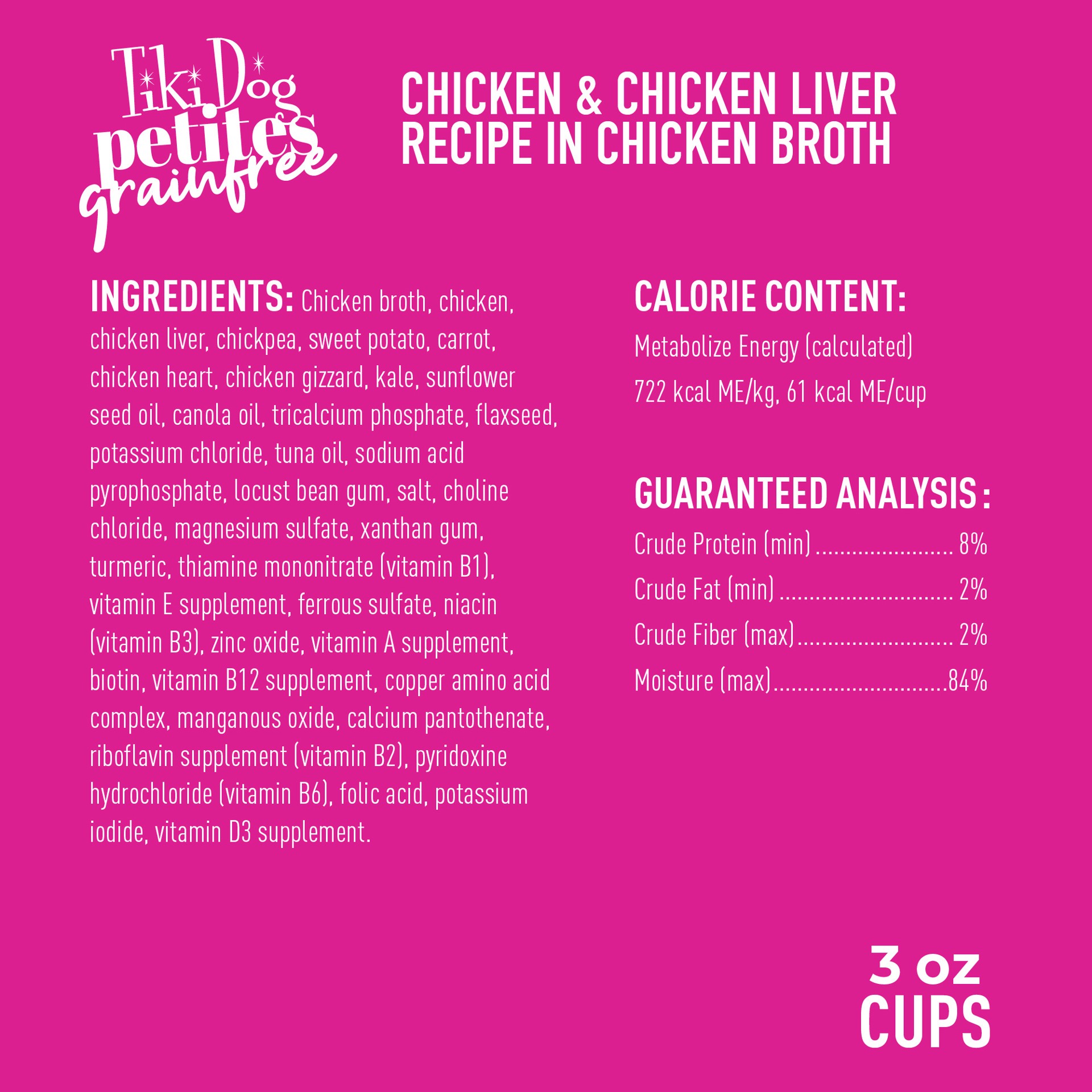 slide 3 of 7, Tiki Dog Petites Grain Free Wet Dog Food, Chicken, 3 oz. Cup. (4 Count), 3 oz