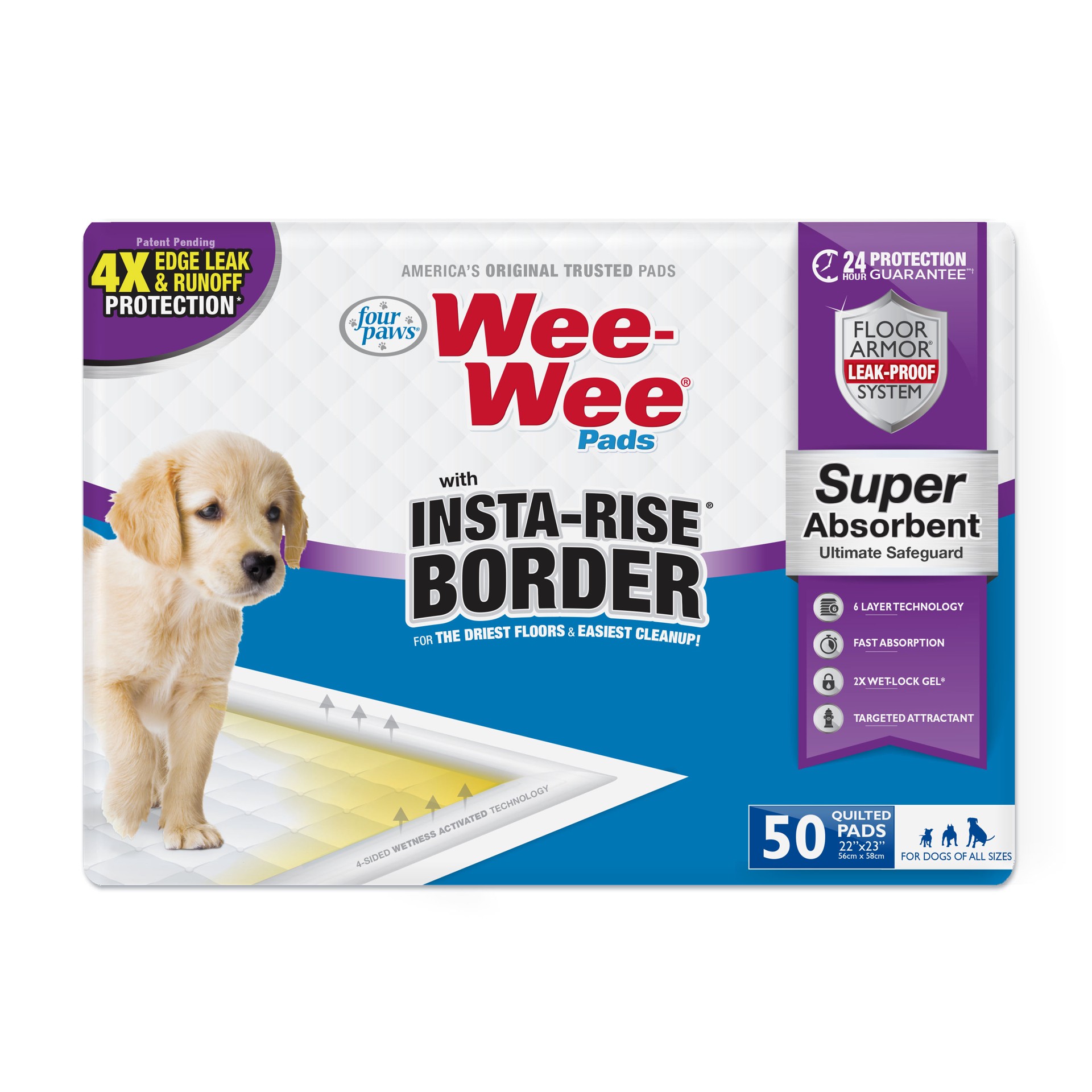 slide 1 of 5, Four Paws Four Paws Wee-Wee Super Absorbent Dog Pee Pads with Insta-Rise Border 22" x 23" (50 Pack), 50 ct