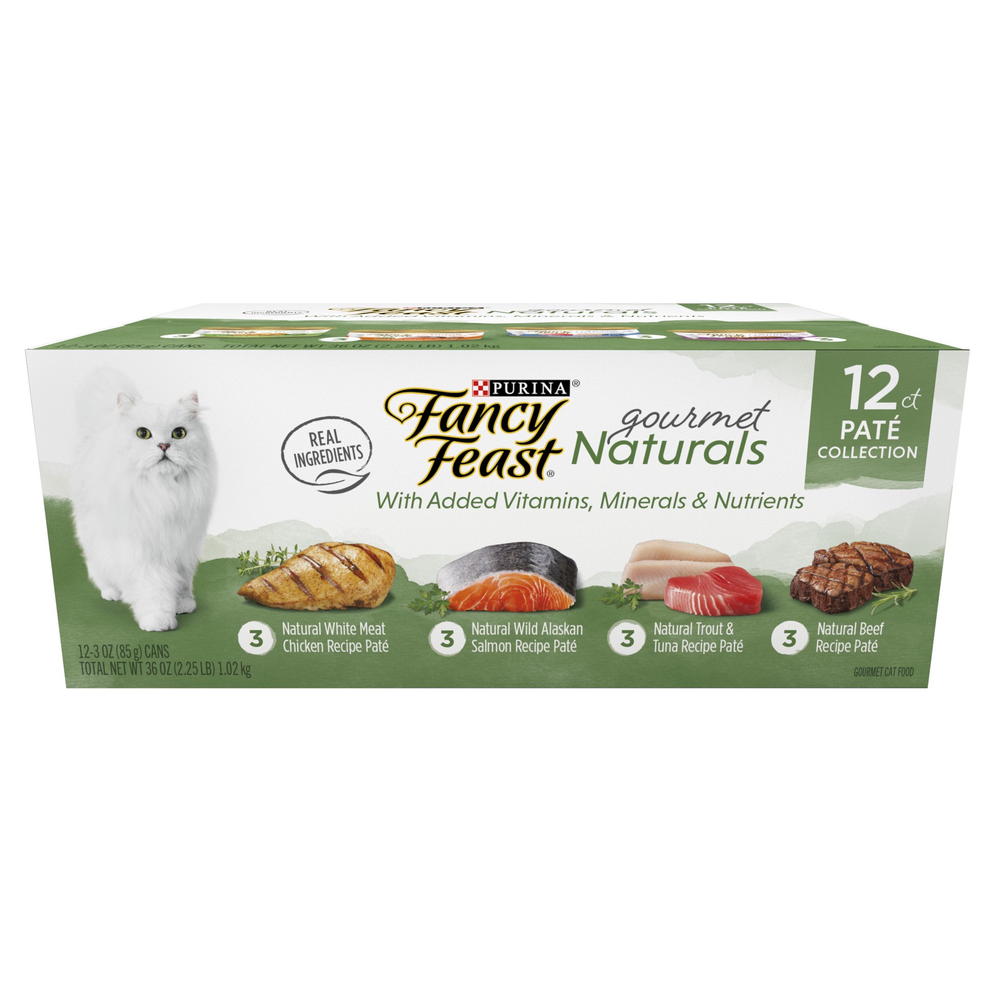 slide 1 of 17, Fancy Feast Purina Fancy Feast Grain Free Wet Cat Food Pate Variety Pack Gourmet Naturals–Beef, Chicken, Salmon, Trout and Tuna, 12 ct; 3 oz