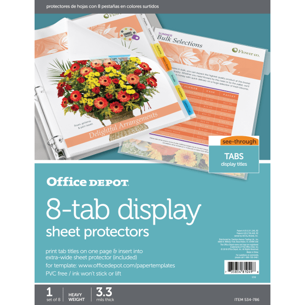 slide 1 of 1, Office Depot Brand Tabbed Sheet Protectors, 8-Tab, Assorted Colors, 1 ct