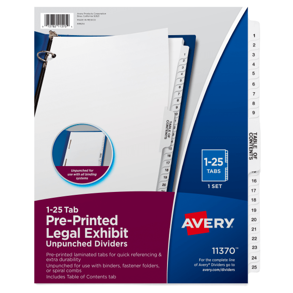 slide 1 of 6, Avery® Premium Collated Legal Dividers Avery® Style, Side-Tab, 1-25 & Table Of Contents, 8-1/2"" x 11"", 1 ct