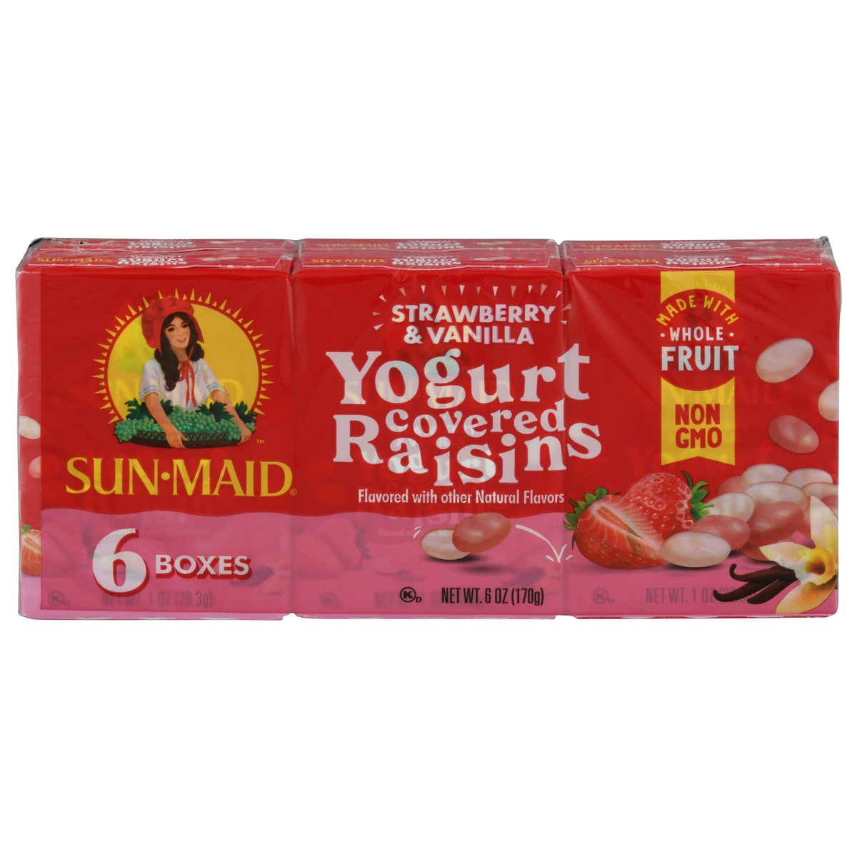 slide 1 of 8, Sun-Maid Yogurt Covered Strawberry & Vanilla Raisins 6 Boxes, 1 oz