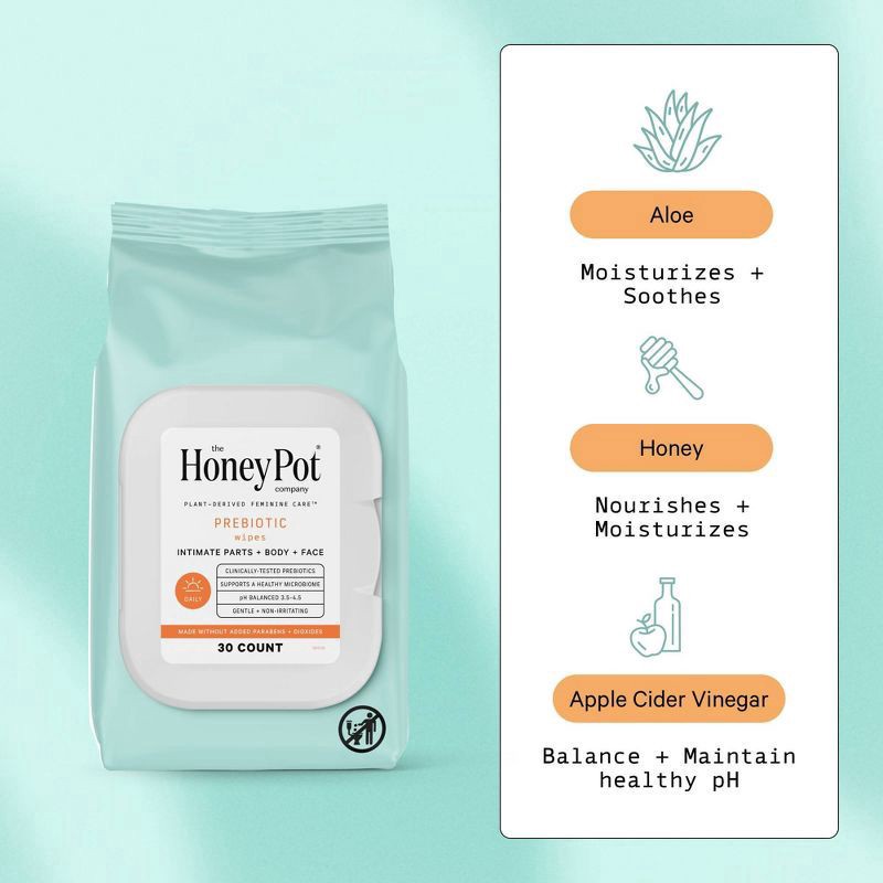 slide 4 of 11, The Honey Pot Company Prebiotic Wipes 30 ea, 30 ct