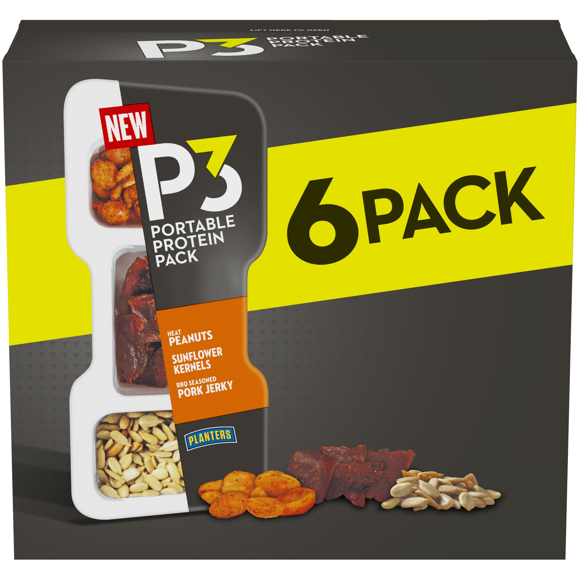 slide 1 of 4, Planters P3 Heat Peanuts, Sunflower Kernels and BBQ Seasoned Pork Jerky Packages, 6 ct