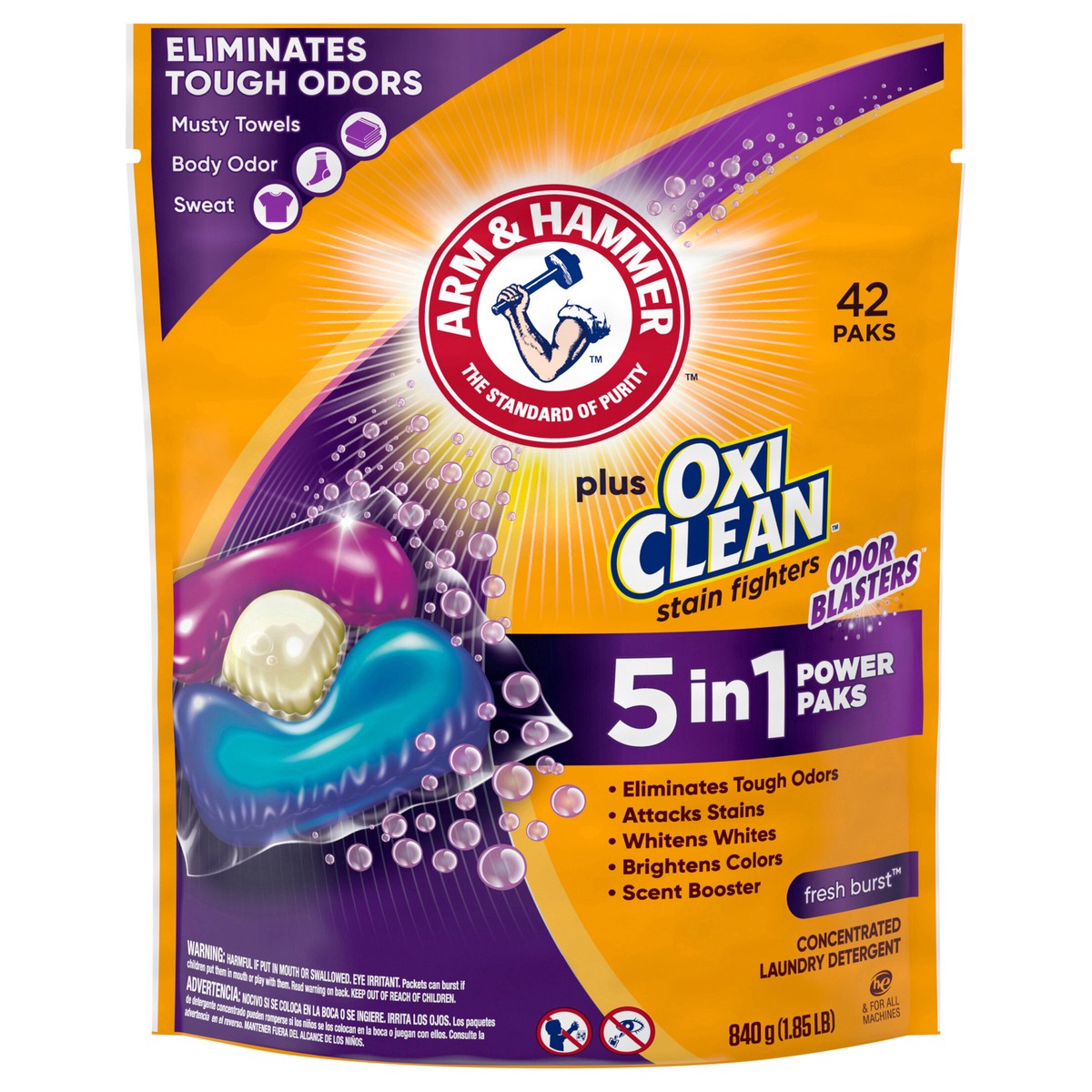 slide 1 of 6, ARM & HAMMER Plus OxiClean With Odor Blasters Laundry Detergent, 5-IN-1 Power Paks, 42 Ct, 42 ct