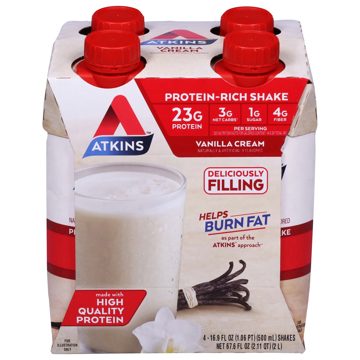 slide 1 of 9, Atkins Vanilla Cream Protein-Rich Shake 4 - 16.9 fl oz Shakes, 4 ct