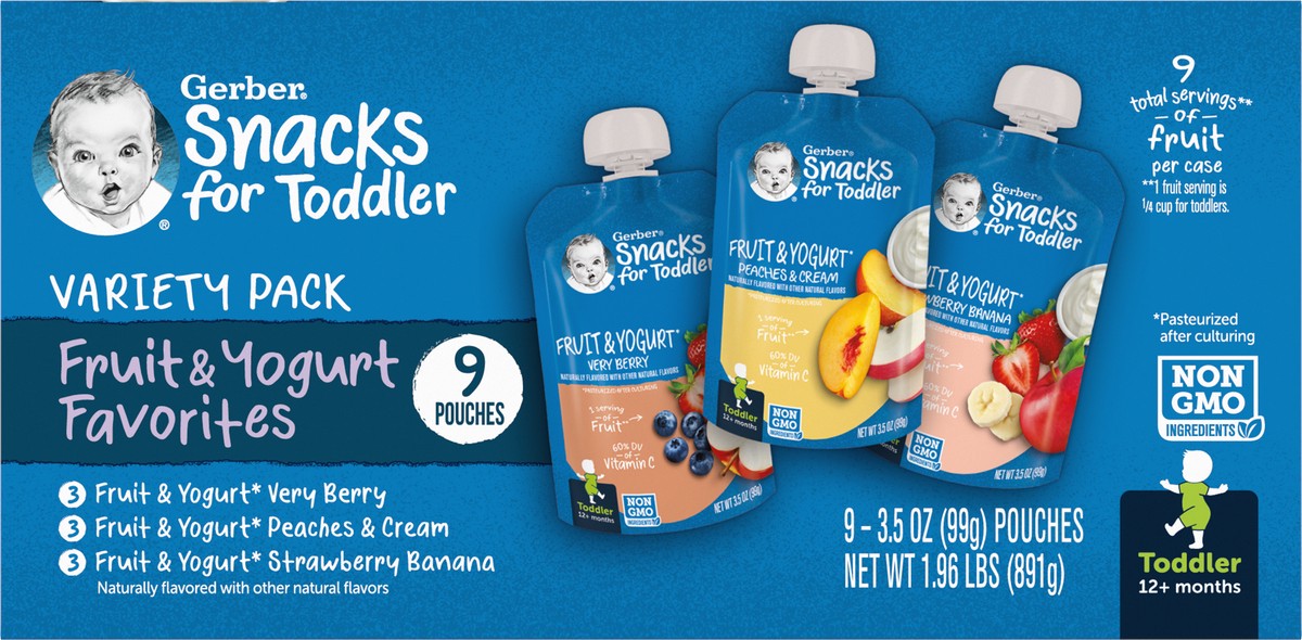 slide 9 of 9, Gerber Baby Food, Value Pack, Fruit and Yogurt Pouch Variety Pack, Toddler, 9 Pouches (3.5 oz each), 9 ct