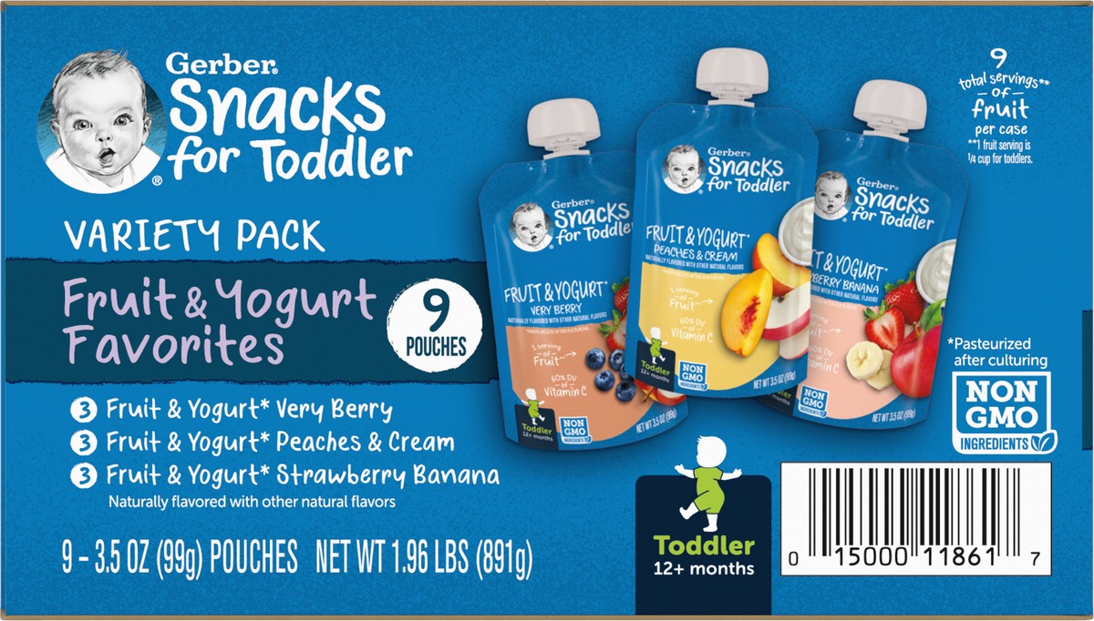 slide 4 of 9, Gerber Baby Food, Value Pack, Fruit and Yogurt Pouch Variety Pack, Toddler, 9 Pouches (3.5 oz each), 9 ct
