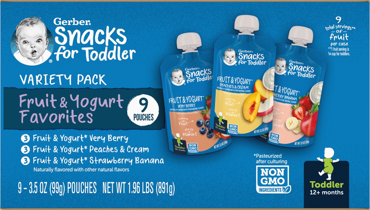 slide 6 of 9, Gerber Baby Food, Value Pack, Fruit and Yogurt Pouch Variety Pack, Toddler, 9 Pouches (3.5 oz each), 9 ct