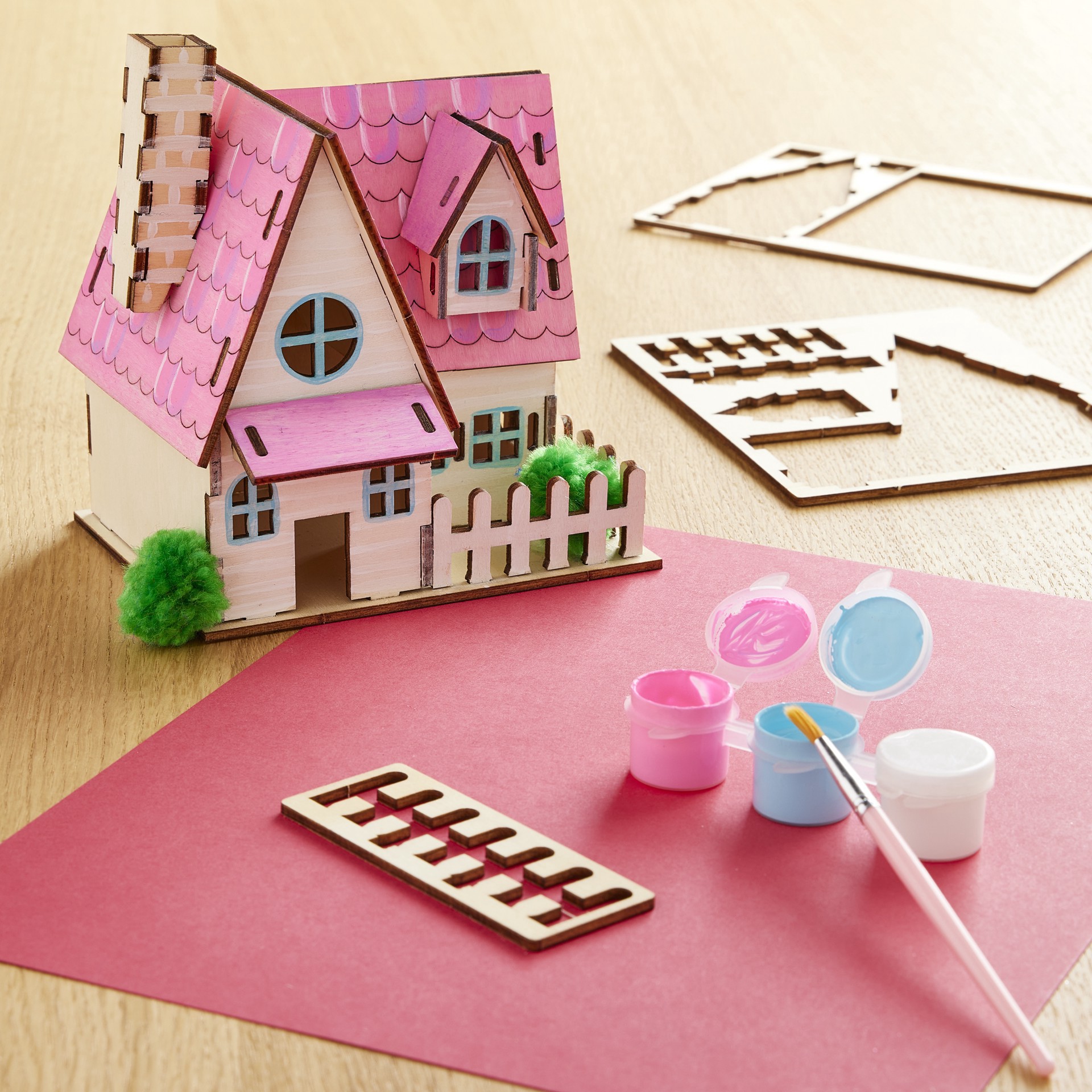 slide 4 of 4, House Color-In 3d Wood Puzzle By Creatology, makes 1 house