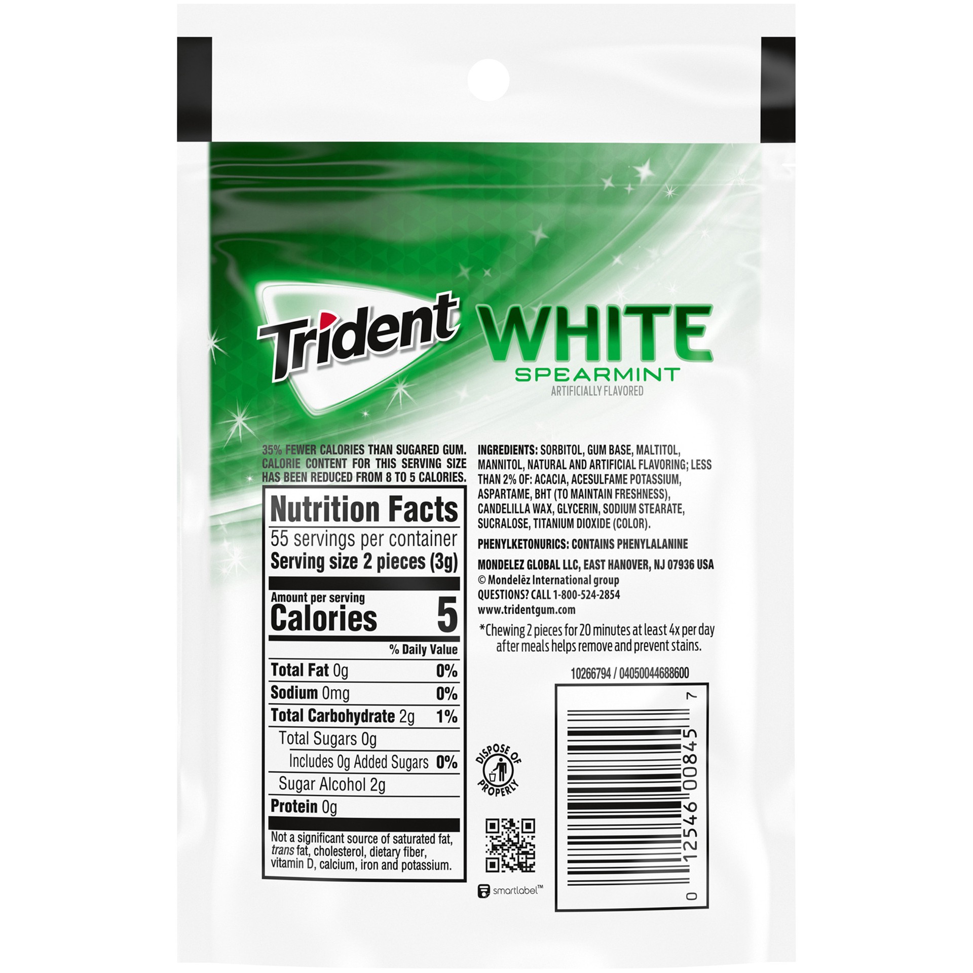 slide 2 of 5, Trident White Sugar Free Gum, Spearmint Flavor, 1 Pouches (110 Pieces Total), 110 ct